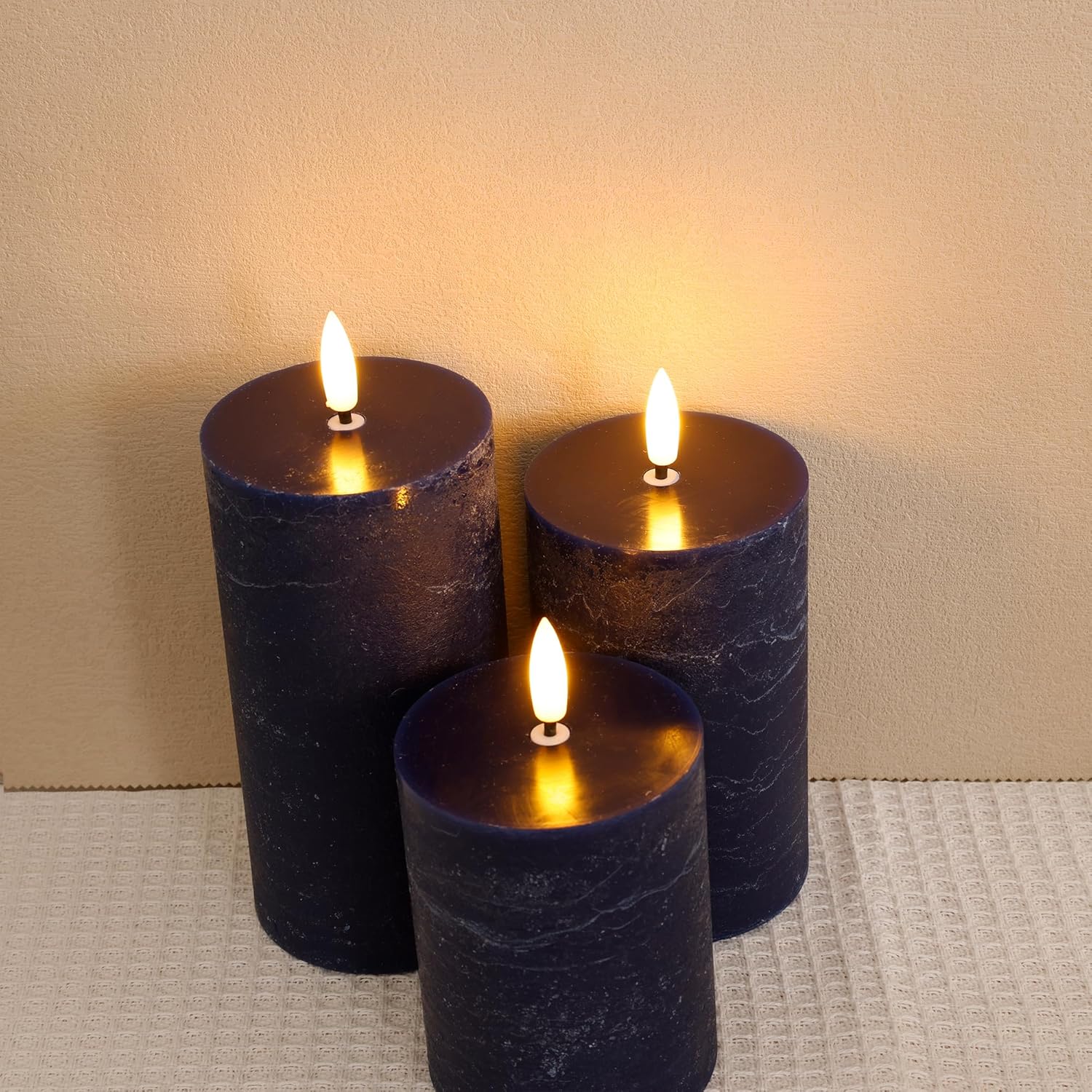 Navy Blue Flameless Candles, Real Wax Battery Operated Candles with Remote, Flat Top Flickering LED Pillar Candles for Home Party Wedding Holiday Decor, Set of 3 (H 4" 5" 6" x D3)