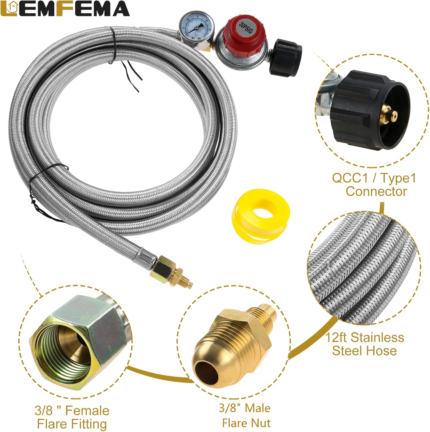 12Ft 0-30PSI High Pressure Adjustable Propane Regulator with Gauge, Stainless Steel Braided Hose Fit for Grill, Burner, Cooker, Turkey Fryer, Propane Heater, Fire Pit, QCC1 x 3/8" Female Flare Fitting