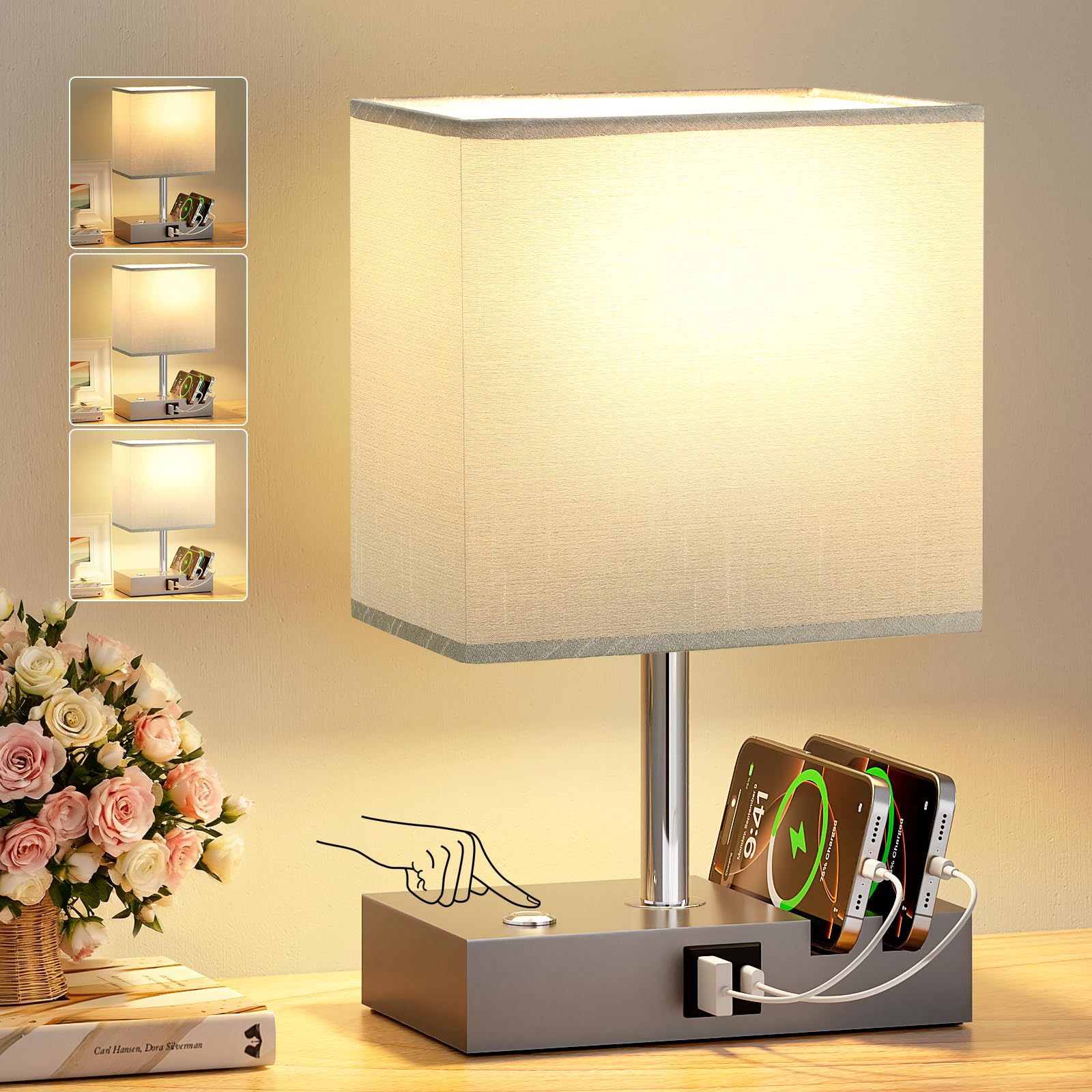 PreeOtti Grey Bedroom Lamp with Grey Wood Charging Station