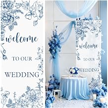 24x60 Inch Welcome to Our Wedding Sign,Chinoiserie Wedding Welcome Signs Banner,Blue and White Flower Wedding Banner for Ceremony,Arch,Reception Backdrop Bridal Engagement Party Decor