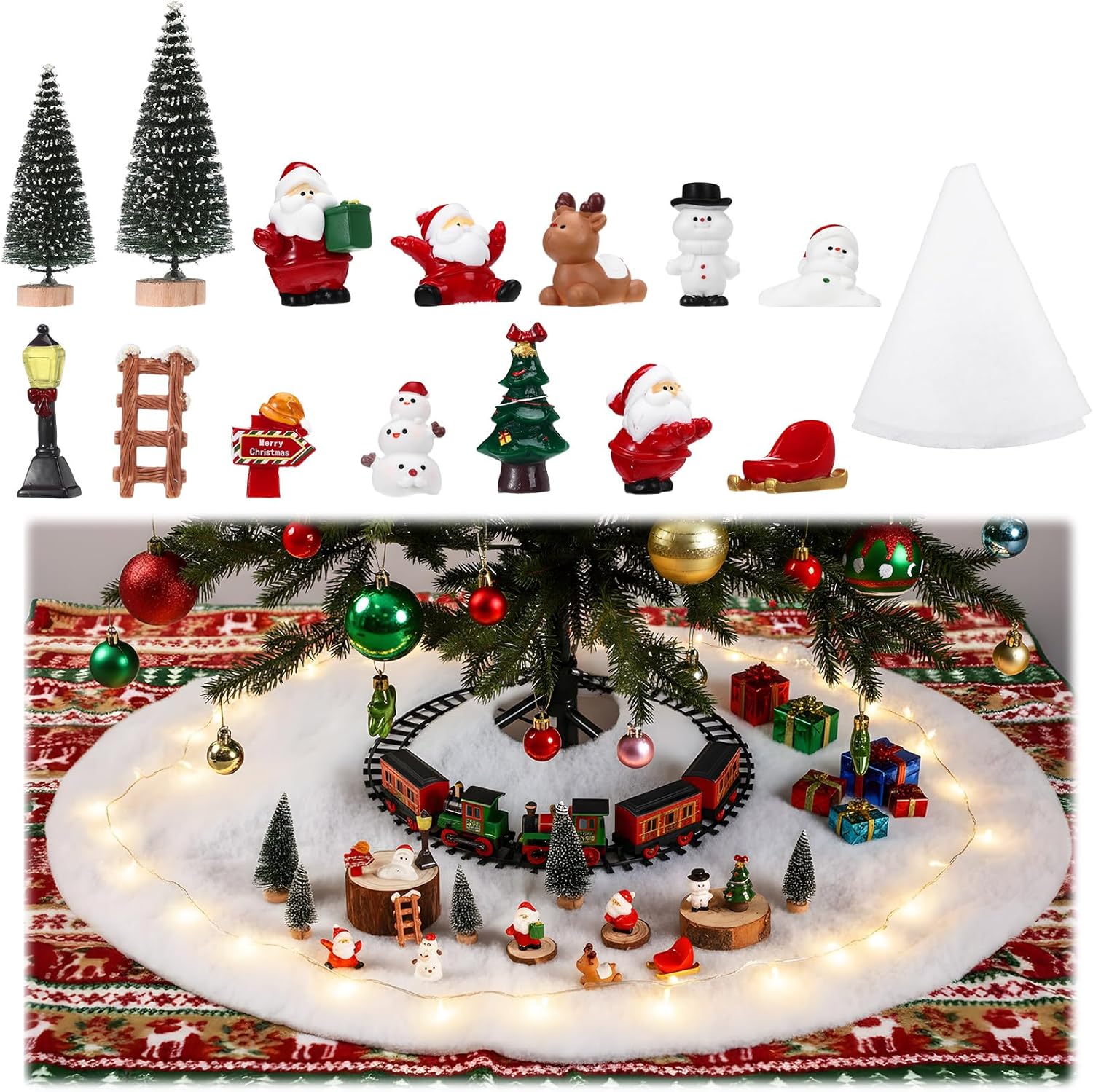 Soulchen 18 Pcs Christmas Model Train Scene Accessories Christmas Tree Skirt with 17 Resin Figurines and Mini Trees for Xmas Model Train Layouts Holiday Decor