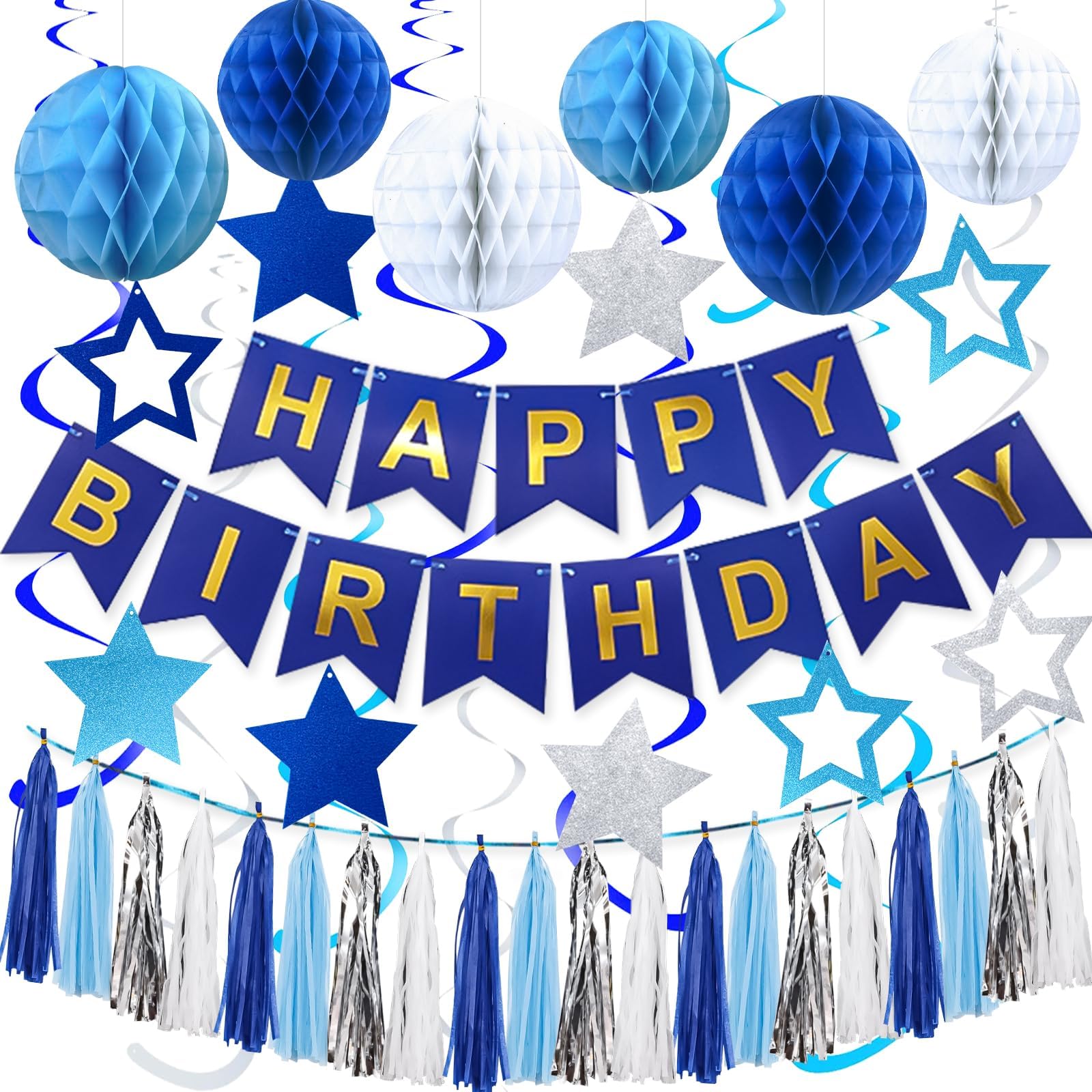 Blue Birthday Decorations, Happy Birthday Decorations with Banner, Honeycomb Balls, Stars Hanging Swirls, Paper Tassel Garland