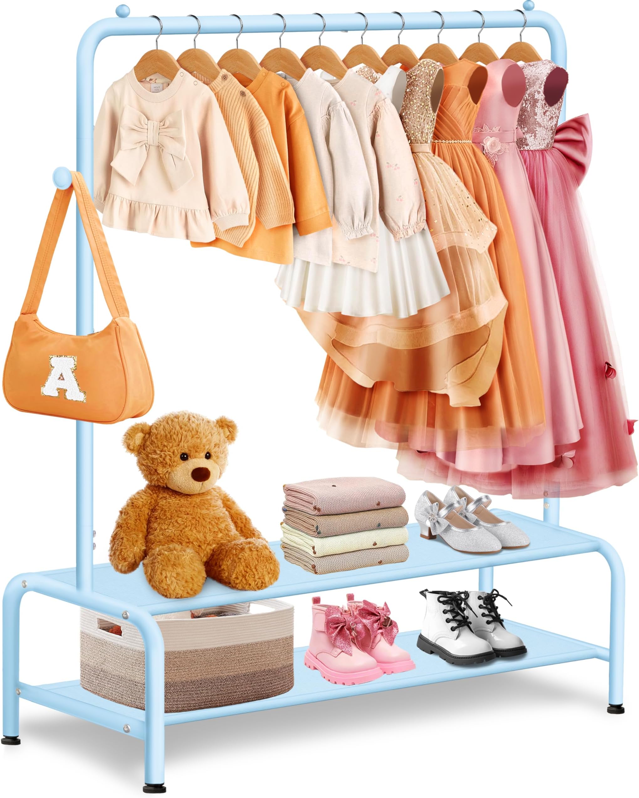 Kids Clothing Rack - Dress Up Clothes Storage Racks - Modern Wardrobe - Small Kids Costume Wardrobe Rack with 2 Fabric Floors Storage Shelf -Blue Dresser for Kids Bedroom