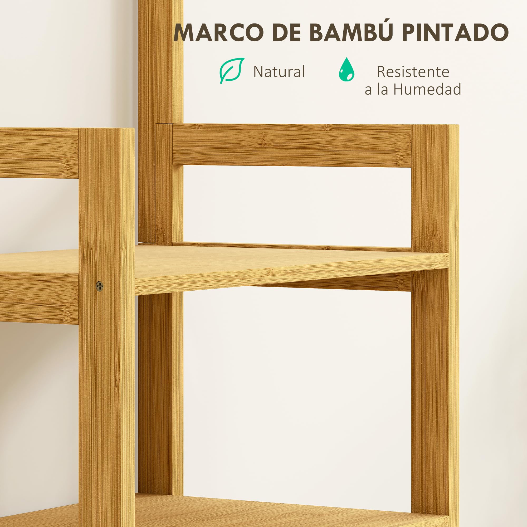 HOMCOM Estantería de Baño de Bambú con Espejo Estantería de Almacenaje con 4 Ganchos 2 Estantes Abiertos y 2 Cajones de Tela para Cocina Baño Salón 48,5x30x170 cm Natural
