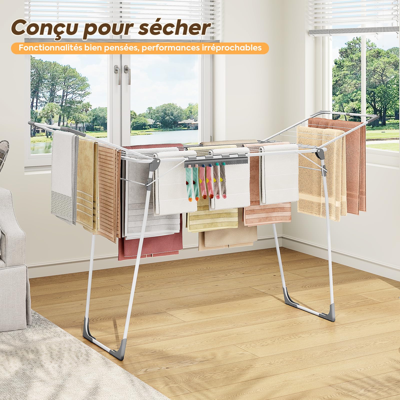 KINGBOARD Séchoir à linge pliable grand, étendoir à linge extensible 174x97x156 cm, Séchoir à linge stable avec pieds antidérapants, Séchoir à poser pliable pour l'intérieur et l'extérieur, Blanc