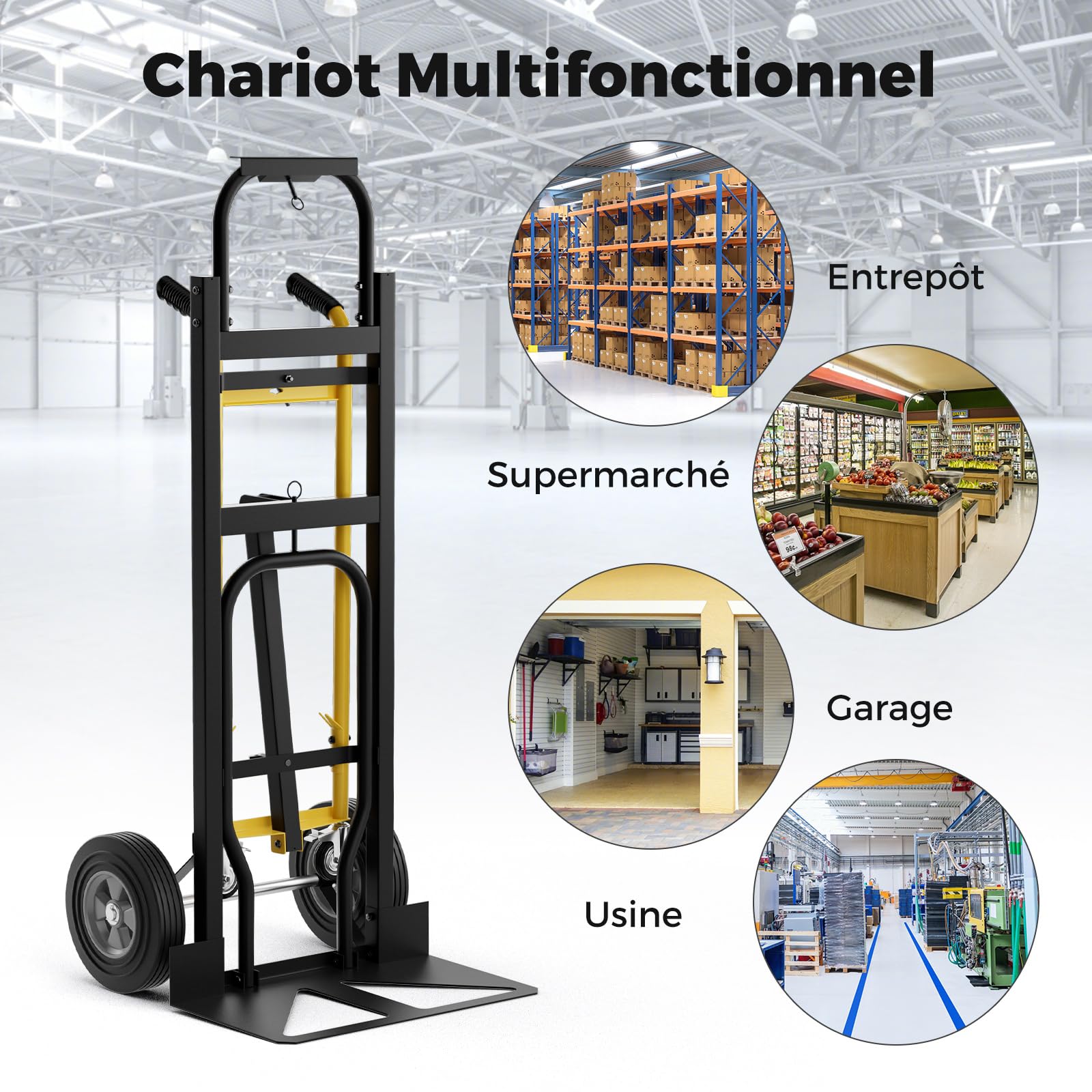 GOPLUS 3-en-1 Chariot Diable à Main en Métal avec Roues en Caoutchouc Universelles, Capacité 450 kg, Chariot Pliable Industriel pour Transport et Déplacement, 57 x 53 x 131 cm