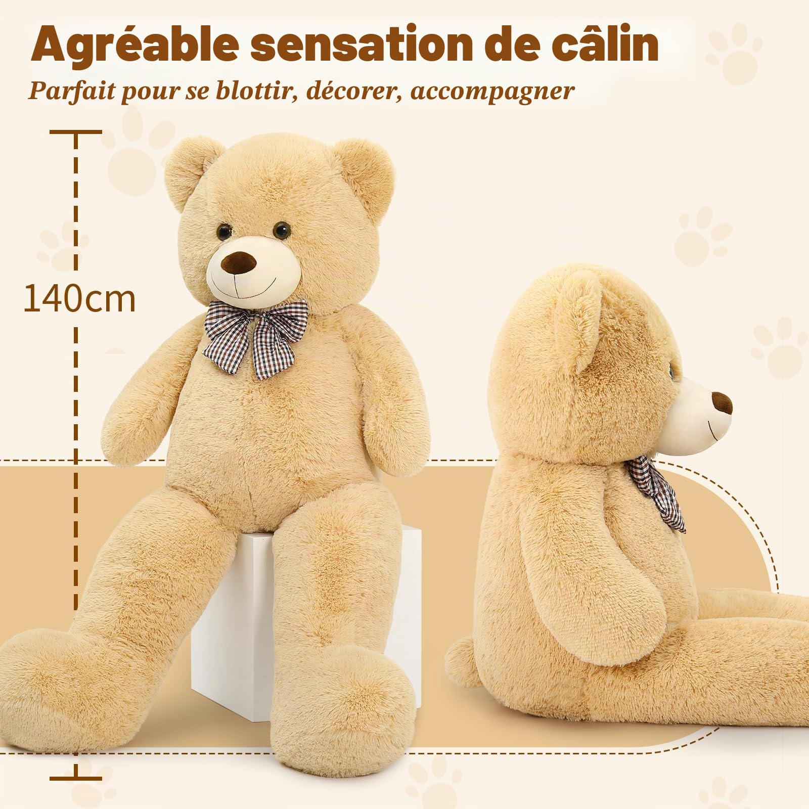 MorisMos 140cm Ours en Peluche Geant, XXL Brun Nounours Géant 1.4m Mignonne Douce Peluche Grand, Grosse Teddy Bear Jouet Cadeau pour Enfant Fille Femme Anniversaire Noël Deco