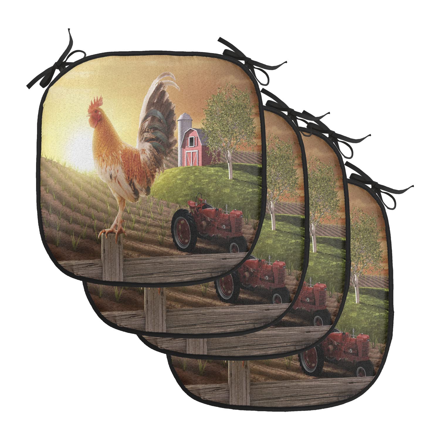 Lunarable Country Chair Cushion Pads Set of 4, Farm Barn Yard Image Rooster Animal Early Bird Nature and Rising Sun Print, Anti-Slip Seat Padding for Kitchen & Patio, 16