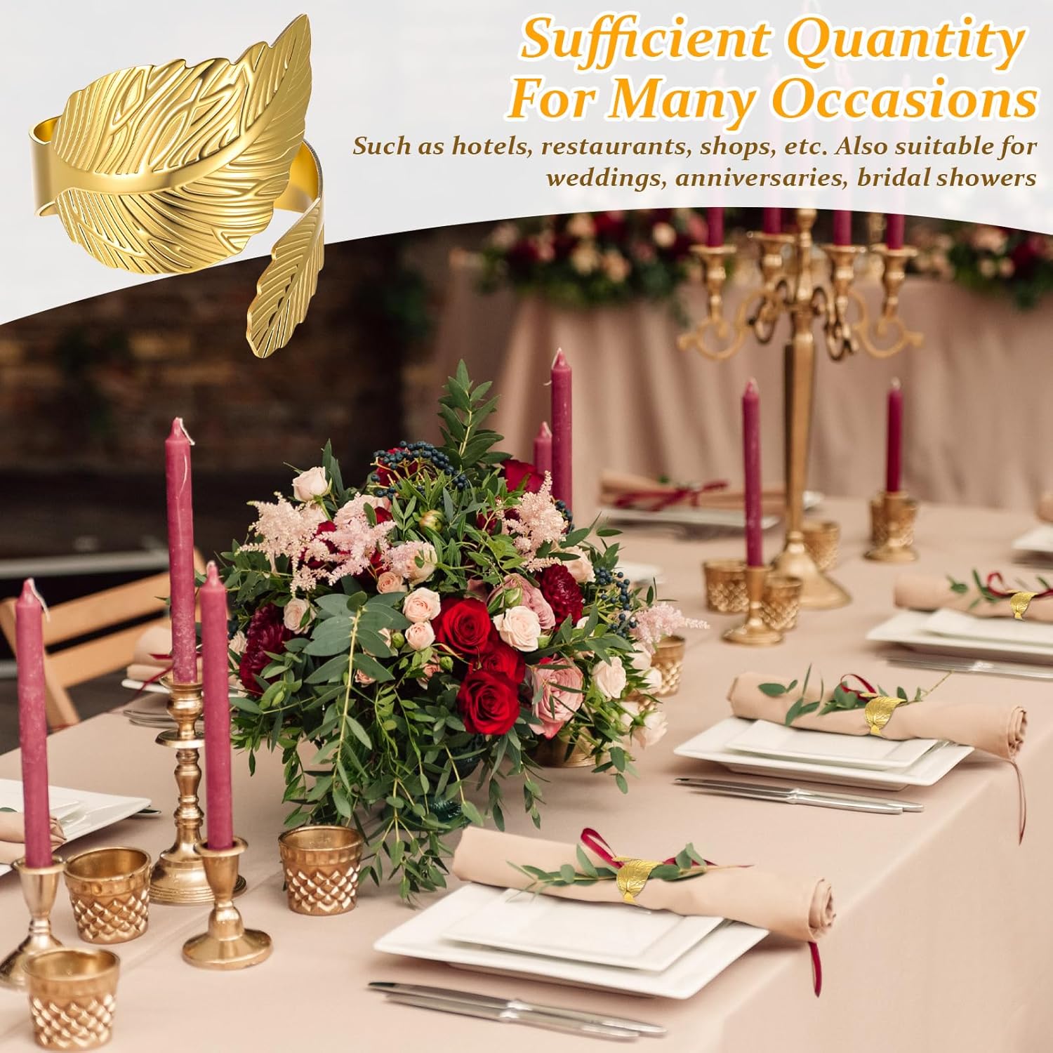 50 Pcs Gold Napkins Rings Bulk, Wedding Napkin Rings Set with Elegant Leaf Design, Premium Gold Napkin Holders for Thanksgiving Christmas Party Table Decor