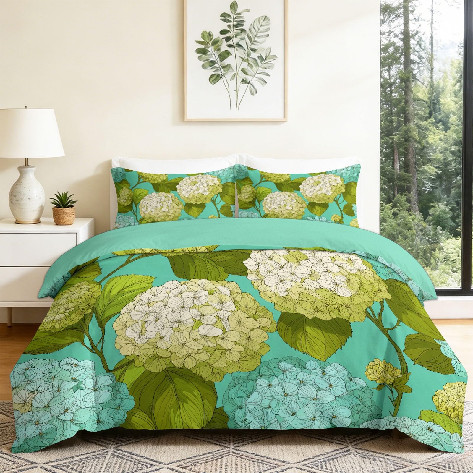 Housse de couette 140x200 réversible avec imprimé hortensia aquarelle pastoral