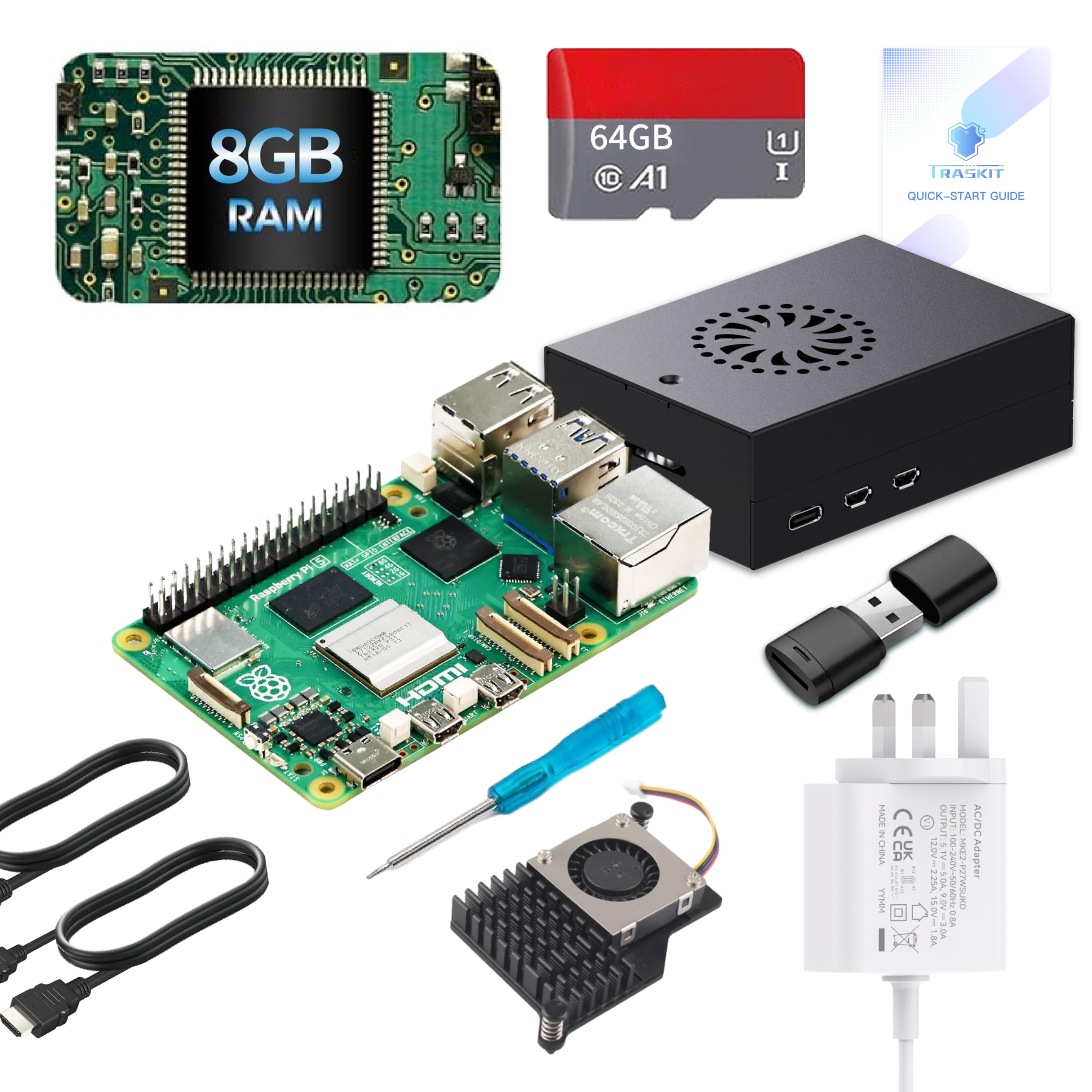 TRASKIT Kit de inicio para Raspberry Pi 5 8 GB de RAM, tarjeta SD de 64 GB precargada con Pi OS de 64 bits