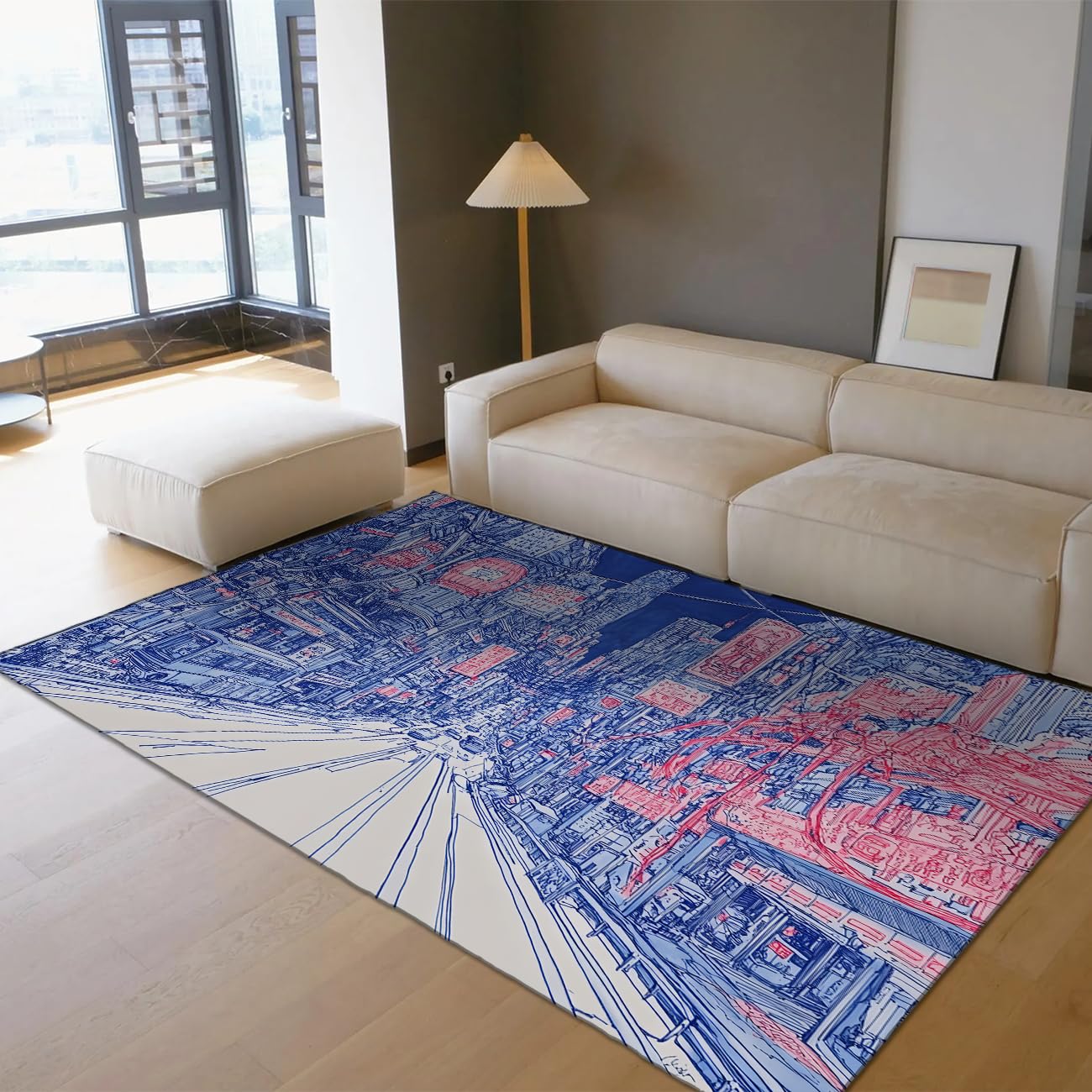 Tapis antidérapant à poils bas Abstract Blueprint bleu et blanc lavable 80 x 120 cm
