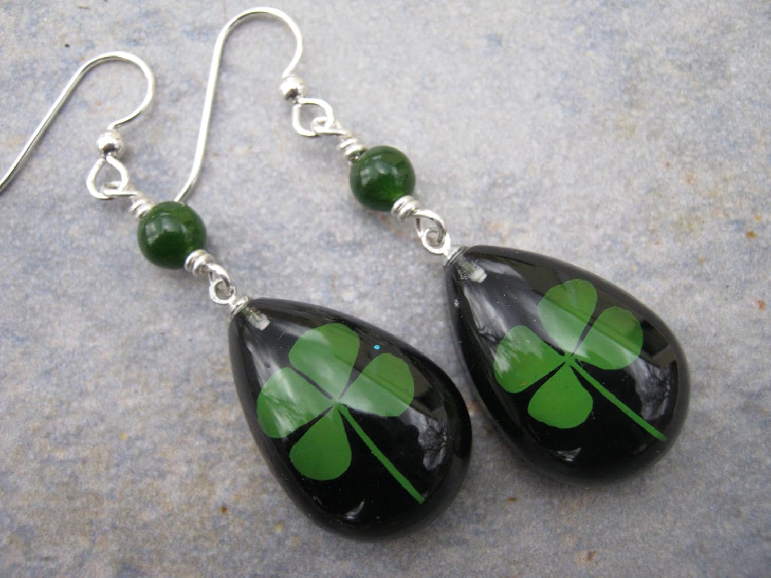 Four Leaf Clover Earrings, Sterling Silver, REAL Pressed Clover Earrings, Botanical Drop Black & Jade Earrings