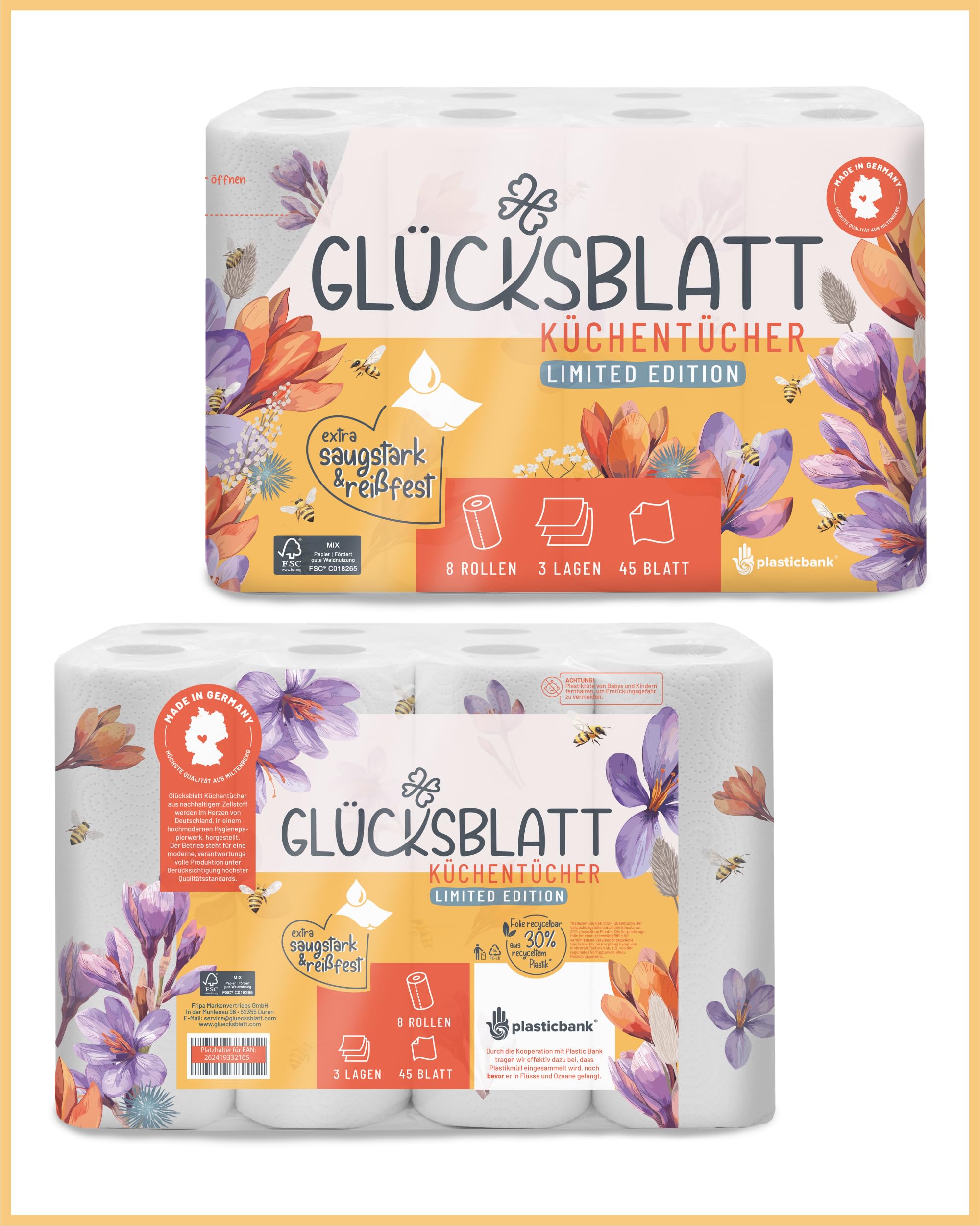 Glücksblatt Küchentücher mit bedruckten Motiven, 48 Rollen á 45 Blatt, 3-lagige Küchenrollen, 100% Zellstoff, nachhaltig, saugstarke Haushaltsrollen, Allzwecktücher, Papiertücher, Papierhandtücher