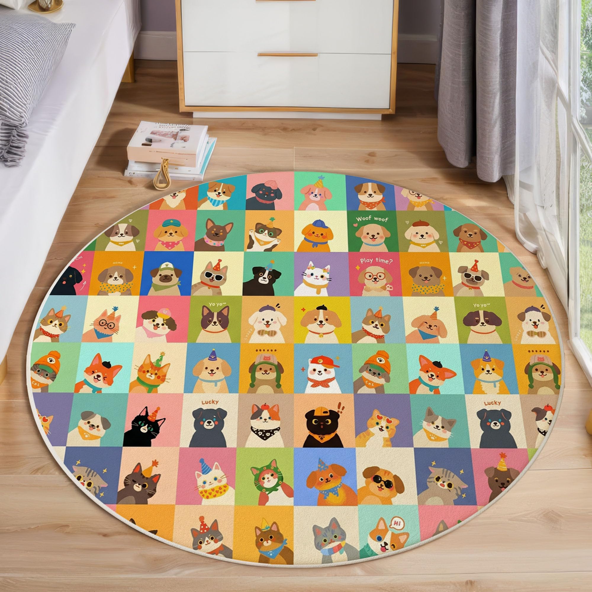 Tapis Rond Patchwork Animalier Amusant Jaune Salon 100 Cm | Tapis Antidérapant Chats Et Chiens Mignons Pour Chambre Enfant Salle Jeux Décoration, Moquette De Sol Poil Bas Lavable