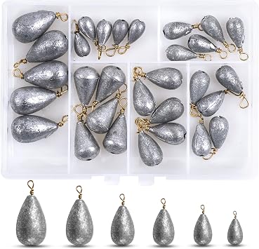 Fishing Weights Sinker Kit-30pcs Assorted Bass Casting Sinker Weights Bell Sinkers Drop Shot Weights with Brass Swivels for Saltwater Freshwater Fishing