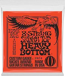 Cordas de guitarra elétrica 8 cordas Ernie Ball Skinny Top Heavy Bottom Slinky Nickel Wound P02624, calibre 9-80
