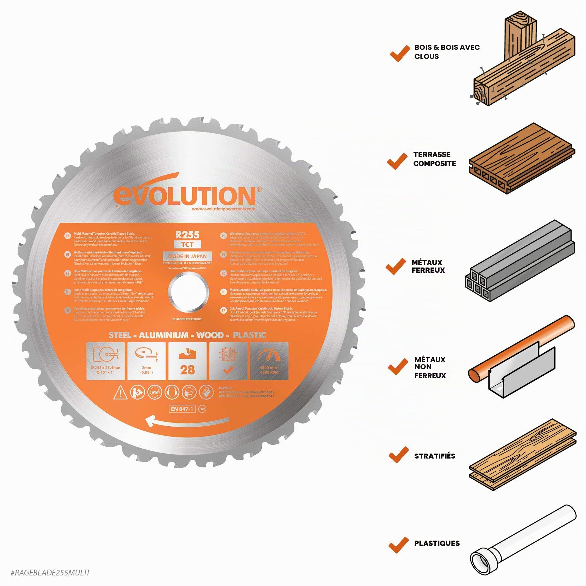 Scheppach Scie à onglets avec démarrage progressif & laser HM254 | 2000W | Lame Ø255mm & Evolution Lame rage tct 255 mm, Carbure de tungstène, Orange, 25,5 x 2,5 cm