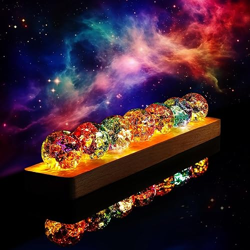 7pcs Colorful Healing Spheres for Meditation Crystal Cracked Balls with LED Wooden Stand Night Light Decoration Balls Set