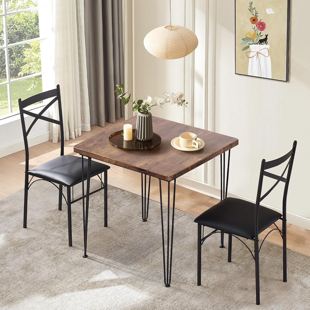 VECELO 3-Piece Dining Table Set for Home Kitchen Small Space Breakfast Nook, 2 Faux Leather Metal Frame Chairs,Brown,Set for 2