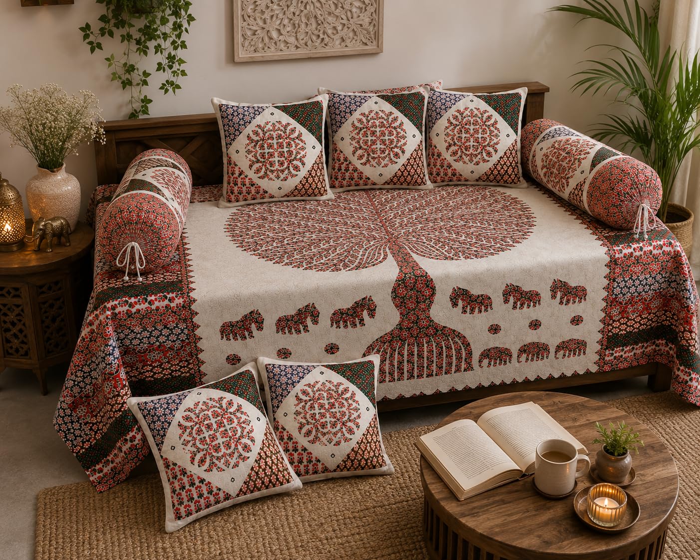 Cotton Diwan Set for Living Room – 1 Single Bedsheet (60x90 Inches) with 5 Cushion Covers (16x16) & 2 Bolster Covers (16x32) Printed Diwan Bedsheet Set (Off White Tree)-image-43
