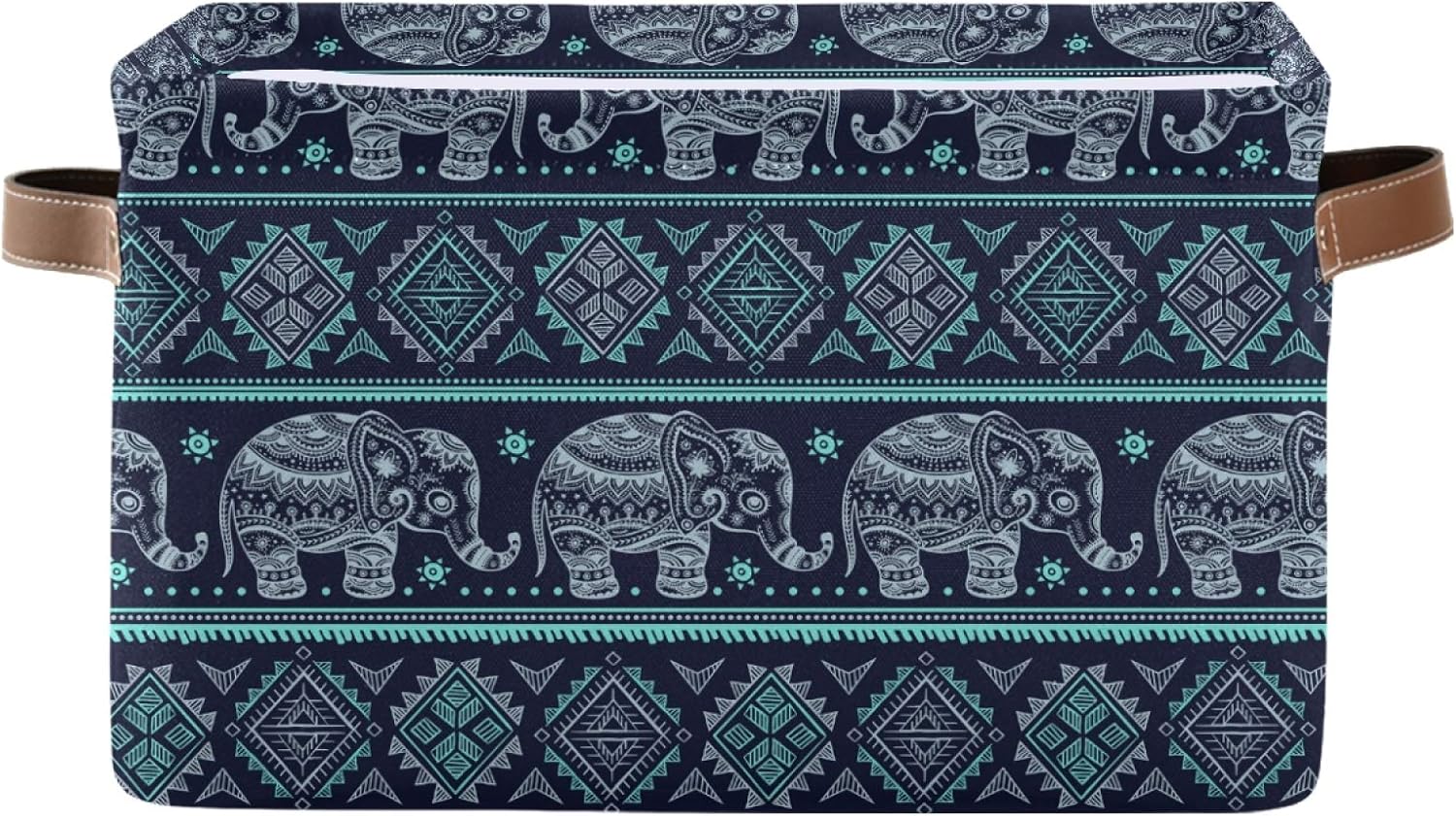 Vintage Indian Ethnic Elephant Square Storage Basket Bin Canvas Fabric Compressible Organizer Basket with Handle for Bedroom Nursery Office, 1PCS
