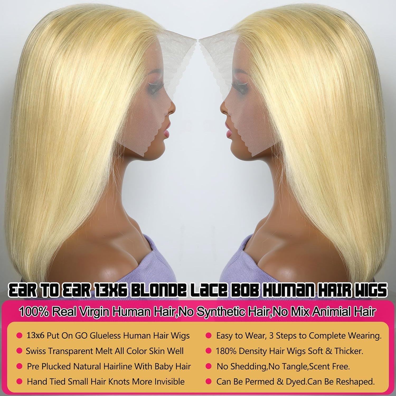 Honey Blonde Bob Wig Human Hair Full 13x6 HD Lace Frontal Glueless Wigs Pre Cut Pre Plucked 100% Unprocessed Brazilian Virgin Human Hair Wigs for Women - 180% Density 12 Inch 613 Bob Wig