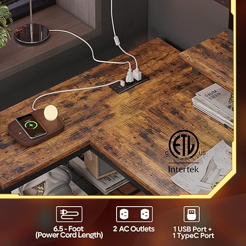 Miniatura 38 de Bestier Escritorio en forma de L de 58 L con tomas de corriente, escritorio esquinero para oficina en casa con estantes reversibles y luces LED,