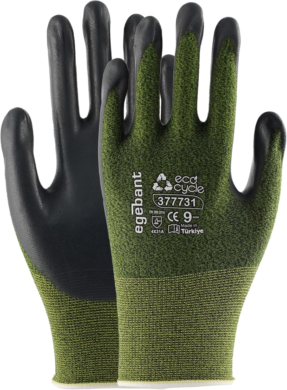 EcoCycle Foam Nitrile Work Gloves, Safety Grip Gloves, Breathable Durable, Recycled Liner, 10 Pairs, Sizes 6-11