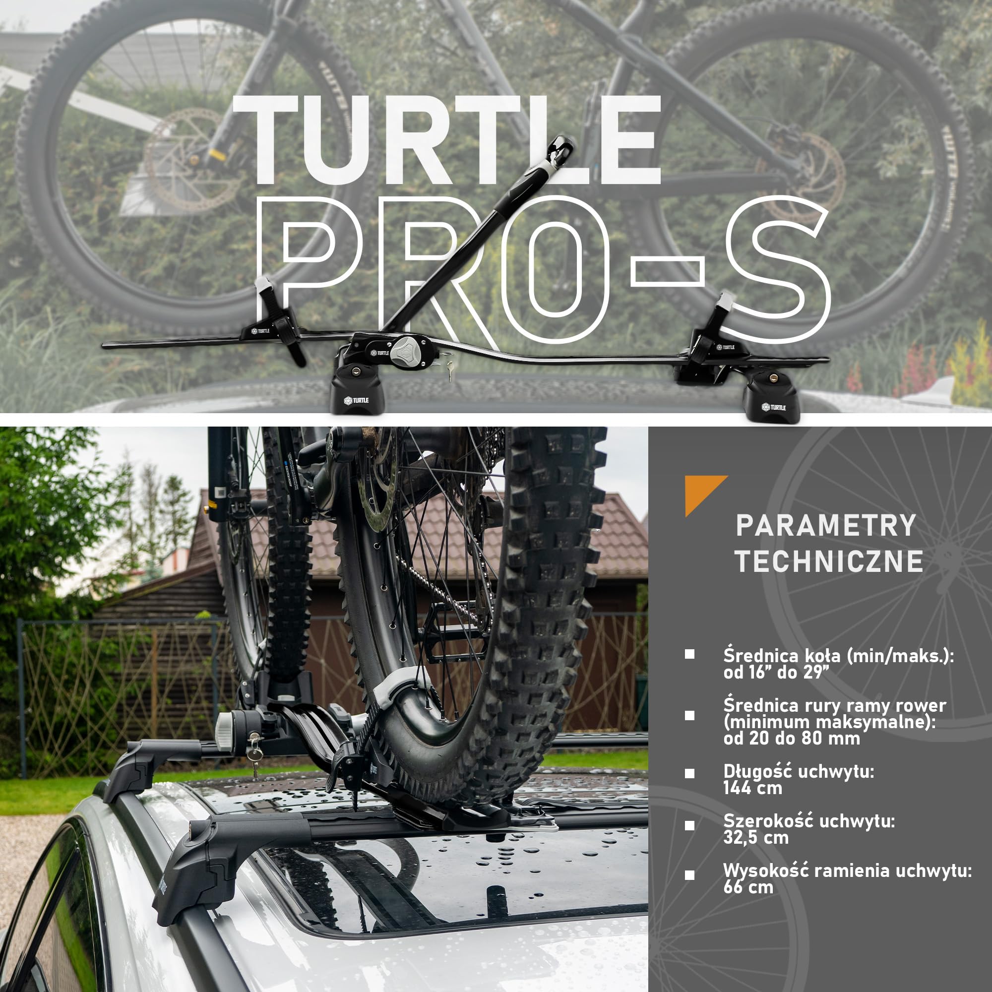Turtle Pro-S | Bagażnik Rowerowy, Dachowy Stelaż Rowerowy, Uniwersalny Uchwyt Rowerowy na Dach Samochodu, Zamykany | Obciążenie do 20kg, | Lekka i Wytrzymała Konstrukcja z Aluminium | Czarny