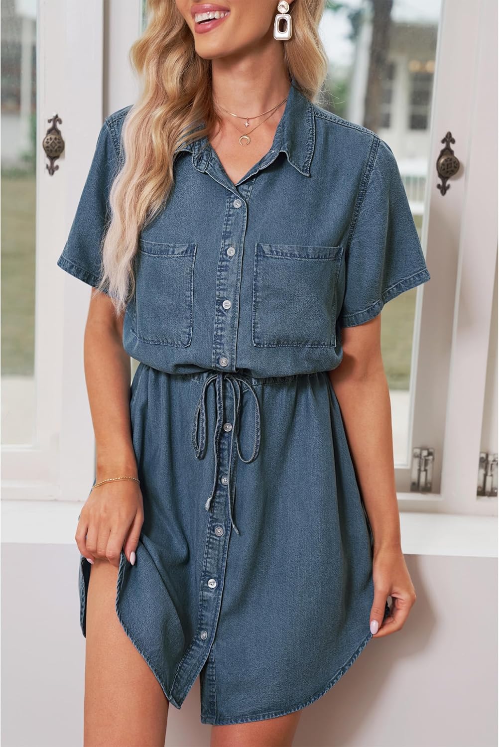 luvamia Women Casual Denim Dress Short Sleeve Tie Waist Classic Jean Shirt Dress - Image 6