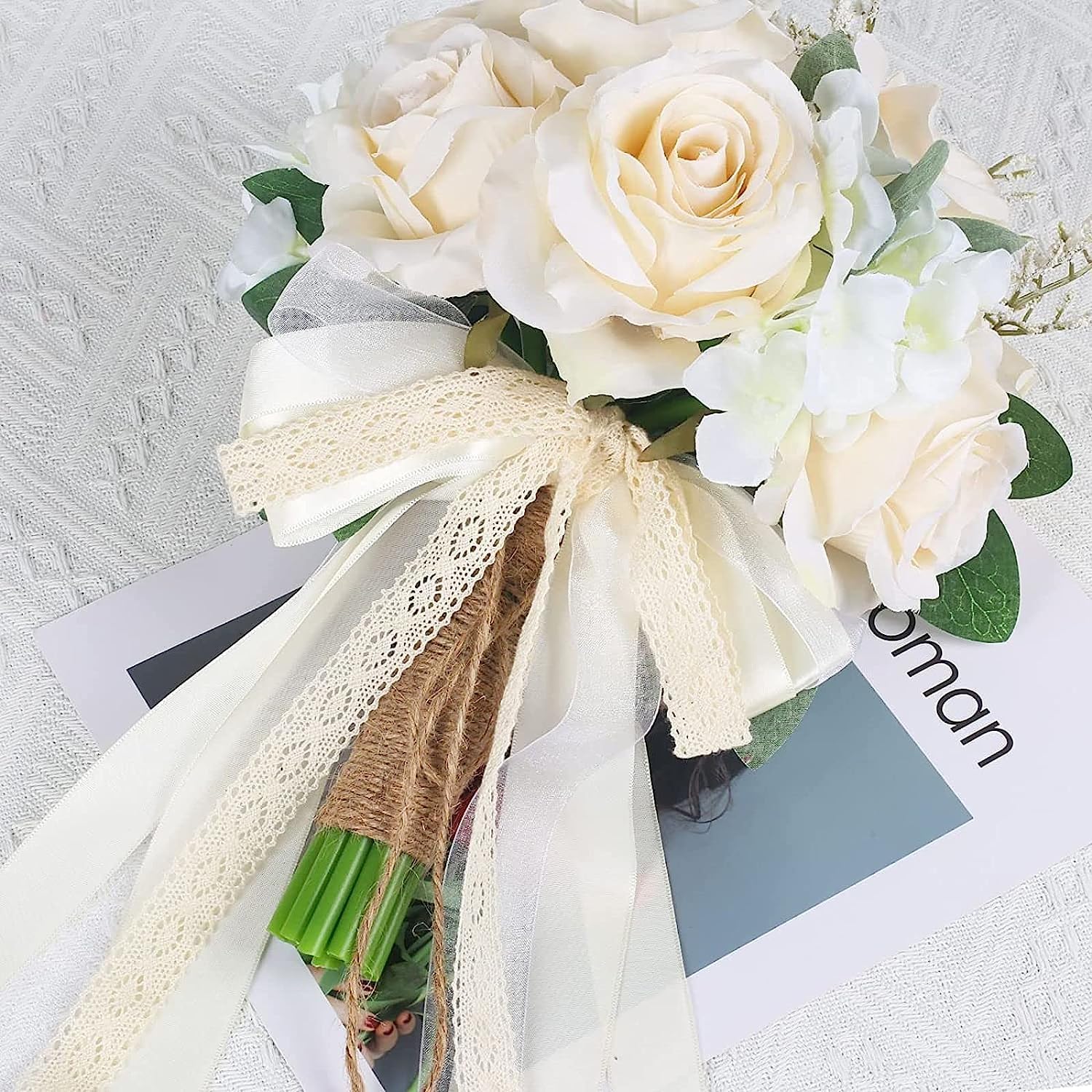 Bouquet de Fleurs avec Support W de 20 cm, Bouquet de mariée avec Roses artificielles Champagne, Bouquet de Demoiselles d'honneur, cérémonie d'anniversaire, Mariage