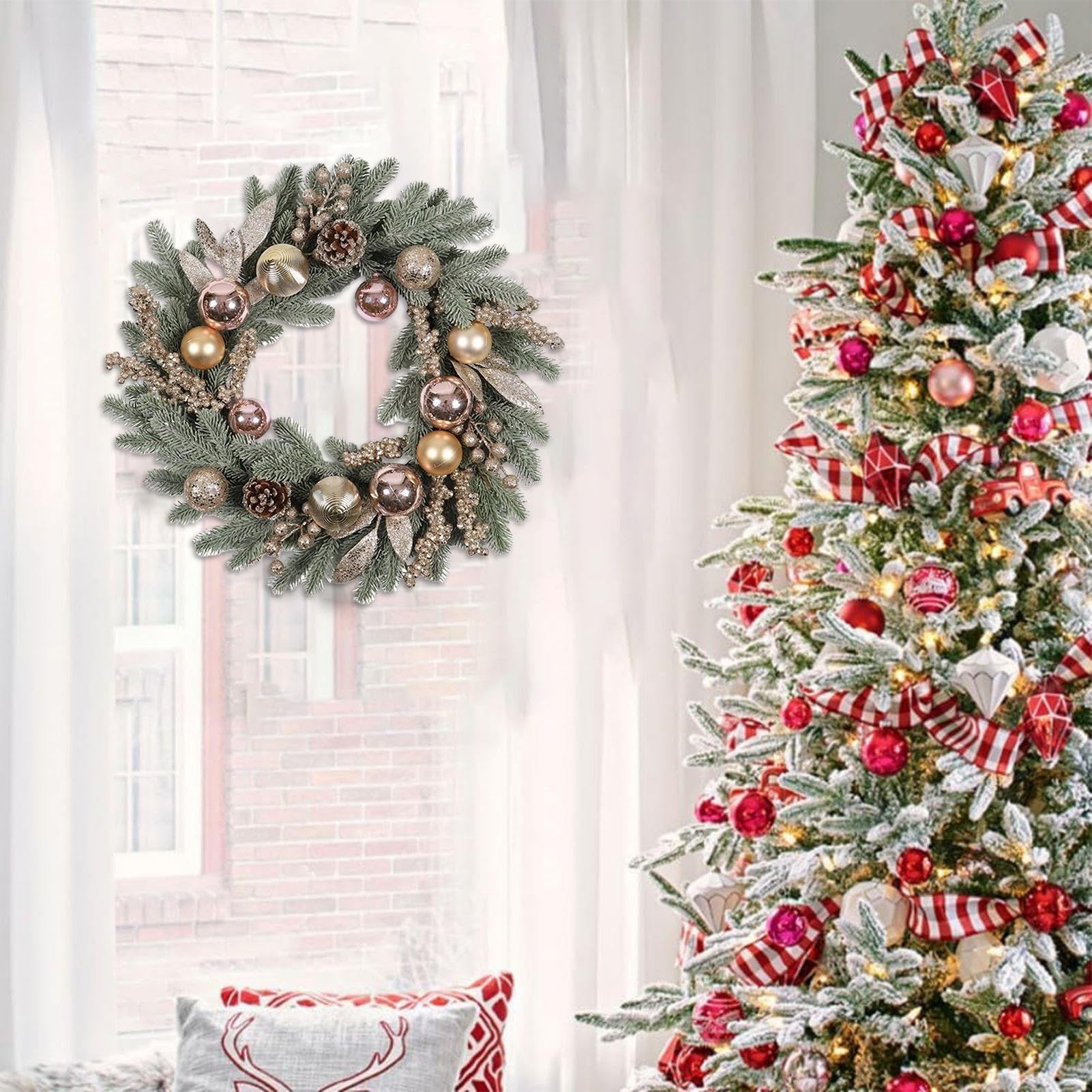 Corona de puerta de Navidad, guirnalda de ramas de pino de 20 pulgadas, corona artificial para Navidad, vacaciones, chimenea, porche, ventana, puerta, mesa, fiesta, boda, invierno, cocina