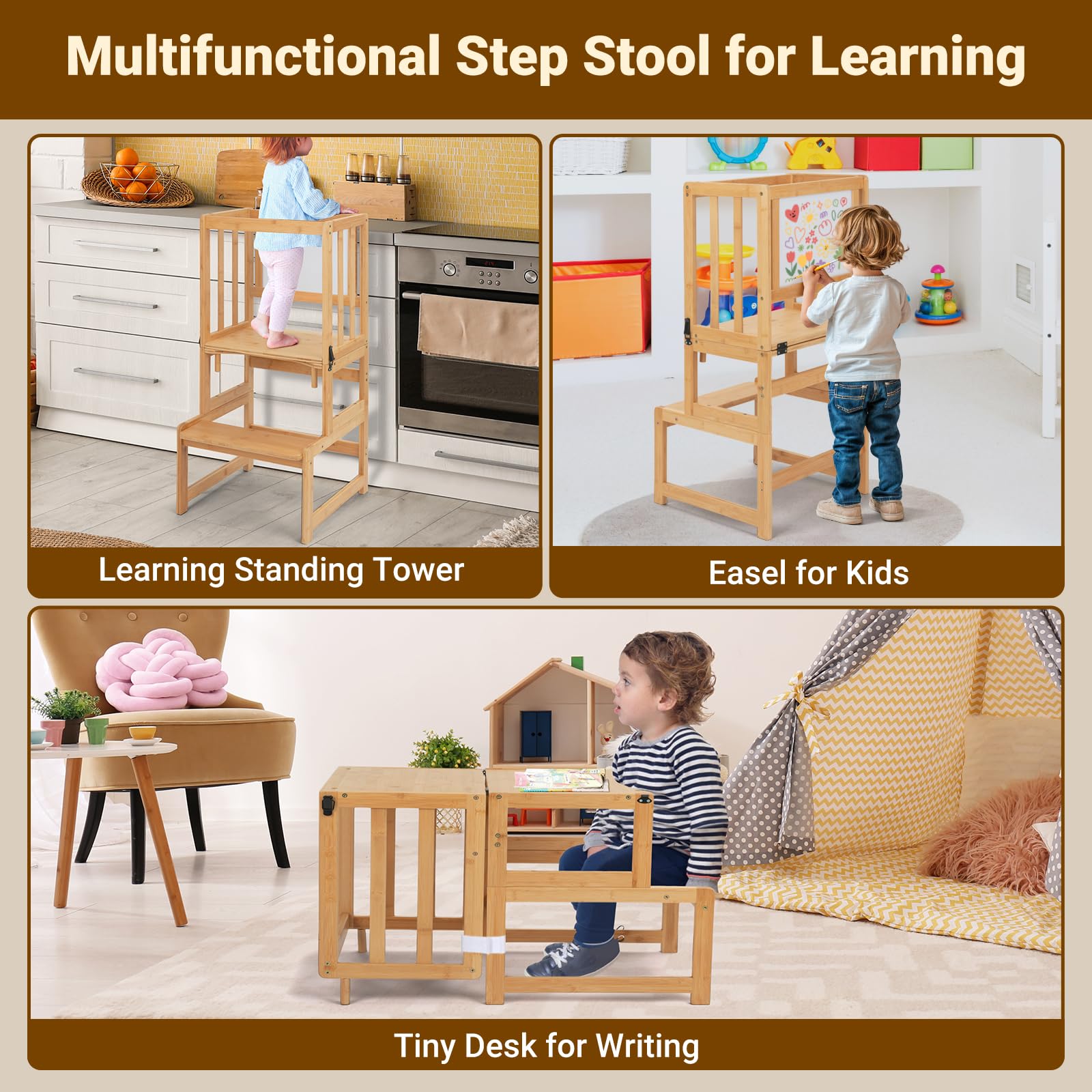 COSYLAND Sgabello da cucina 3 in 1 per bambini, torre convertibile con lavagna bianca, per bambini, bagno, cucina, bancone, aiutante per la mamma, sgabello per l'apprendimento (naturale)