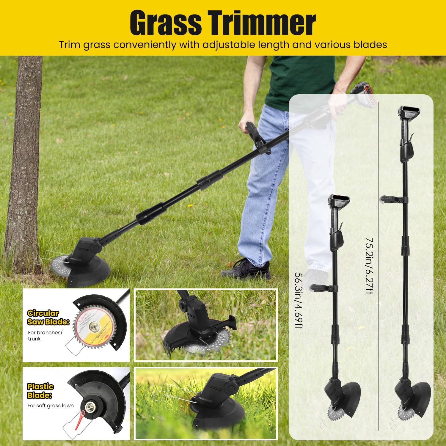 3-in-1 Cordless Pole Saw, Mini Chainsaw & Grass Trimmer with 4&6 Inch Electric Pole Chainsaw, 12.3ft Max Reach, for Tree Trimming Branches, Includes 2×21V Batteries