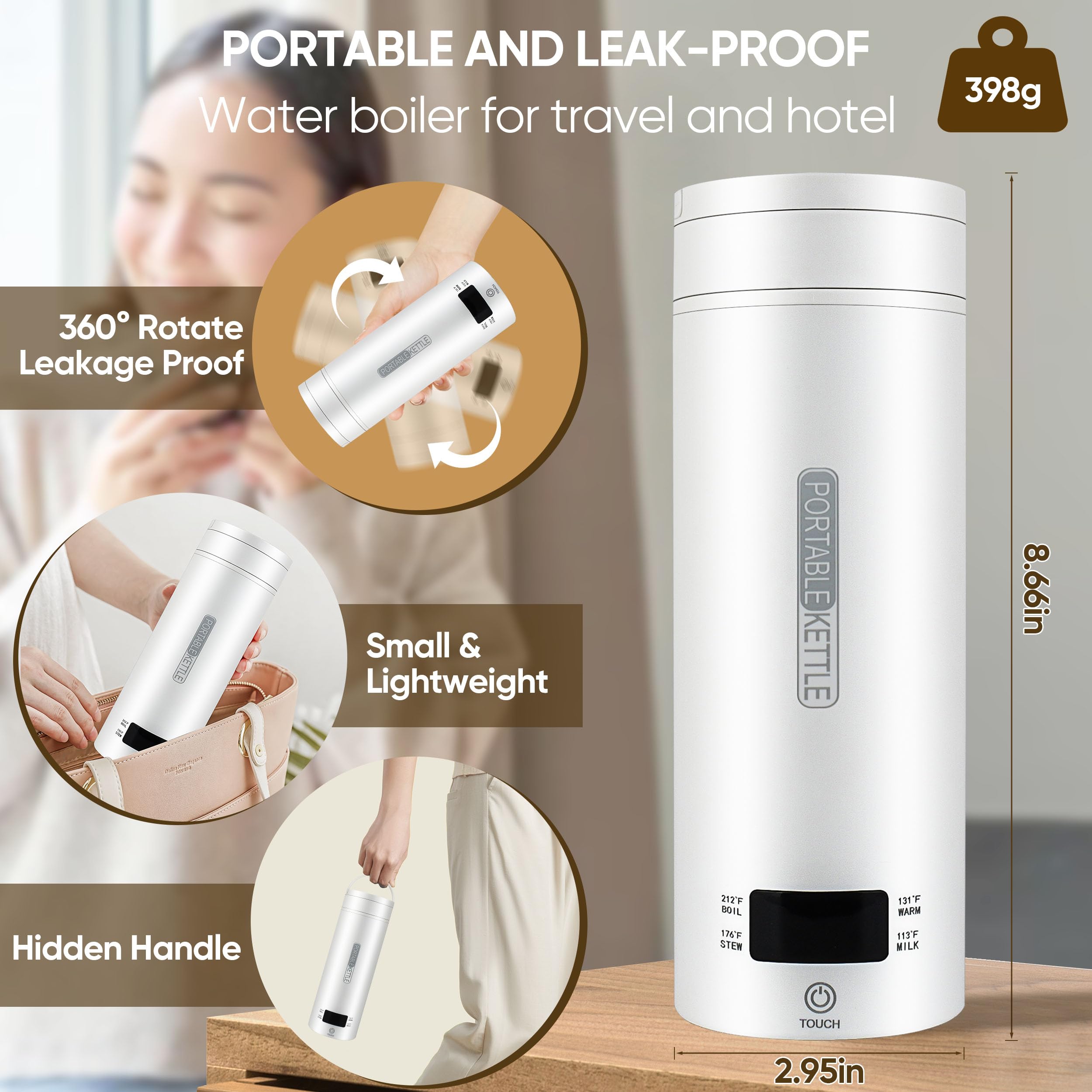 Hervidor eléctrico de viaje, calentador de agua caliente inteligente portátil, calentador de té y café, 15.2 fl oz, acero inoxidable 316, 4 controles de temperatura, pantalla LCD, agua hirviendo 6