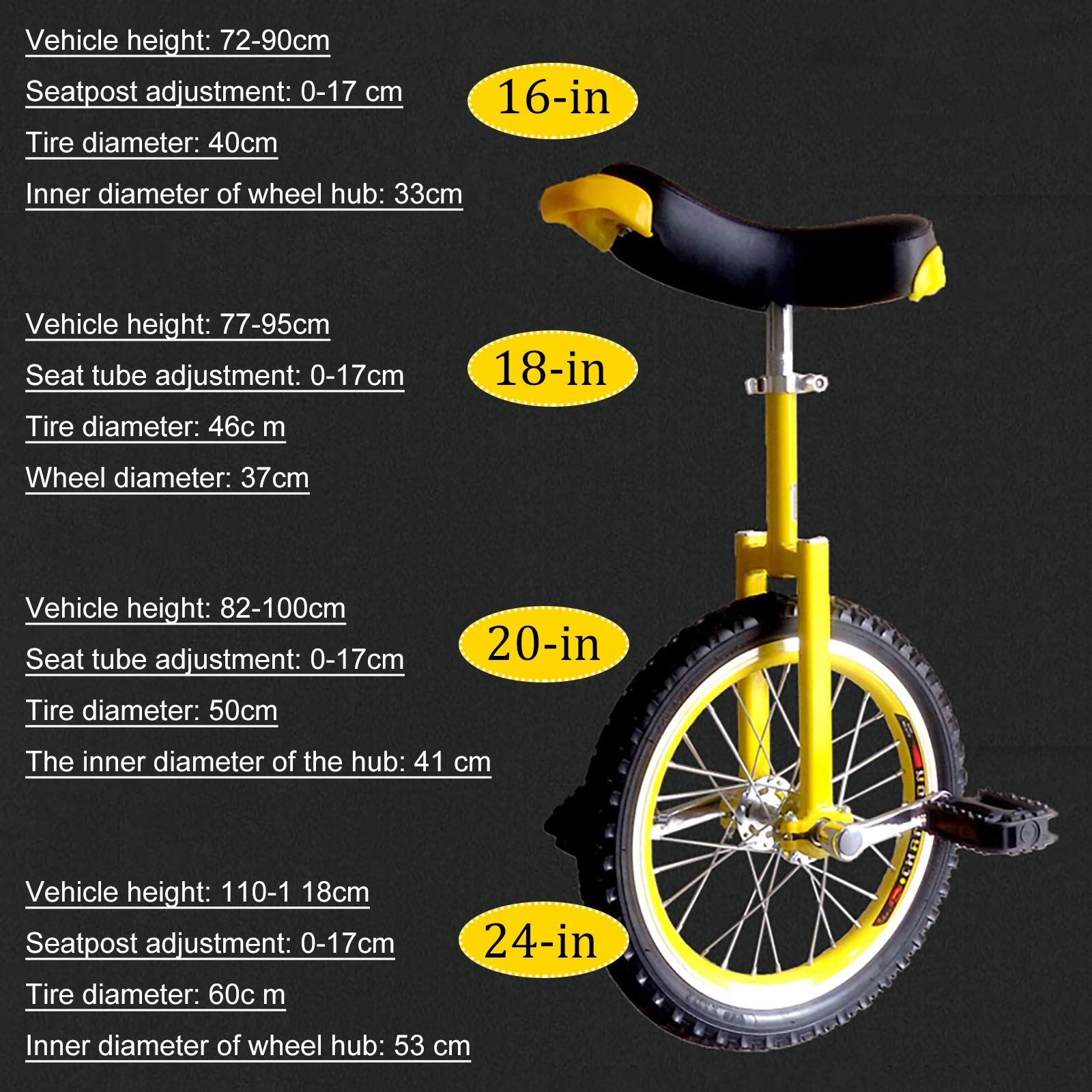 QWEASDF Monociclo, monocicli, Uniciclo, 16", 18", 20", 24" Monociclo, Una Ruota Bici, Escursioni in Bicicletta Sport Fitness Esercizio con la Gomma di Skidproof,Giallo,18”