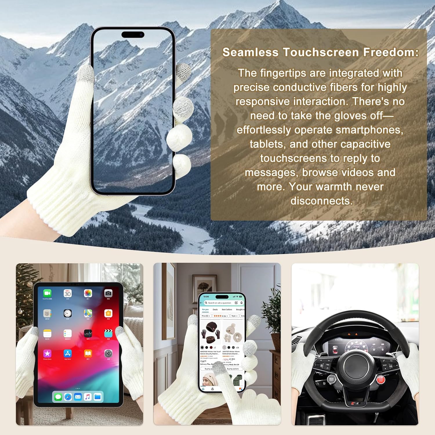 Womens Winter Warm Beanie Hat Long Neck Scarf and Touchscreen Gloves Set with Fleece Lined Pom Skull Caps for Women - Image 5