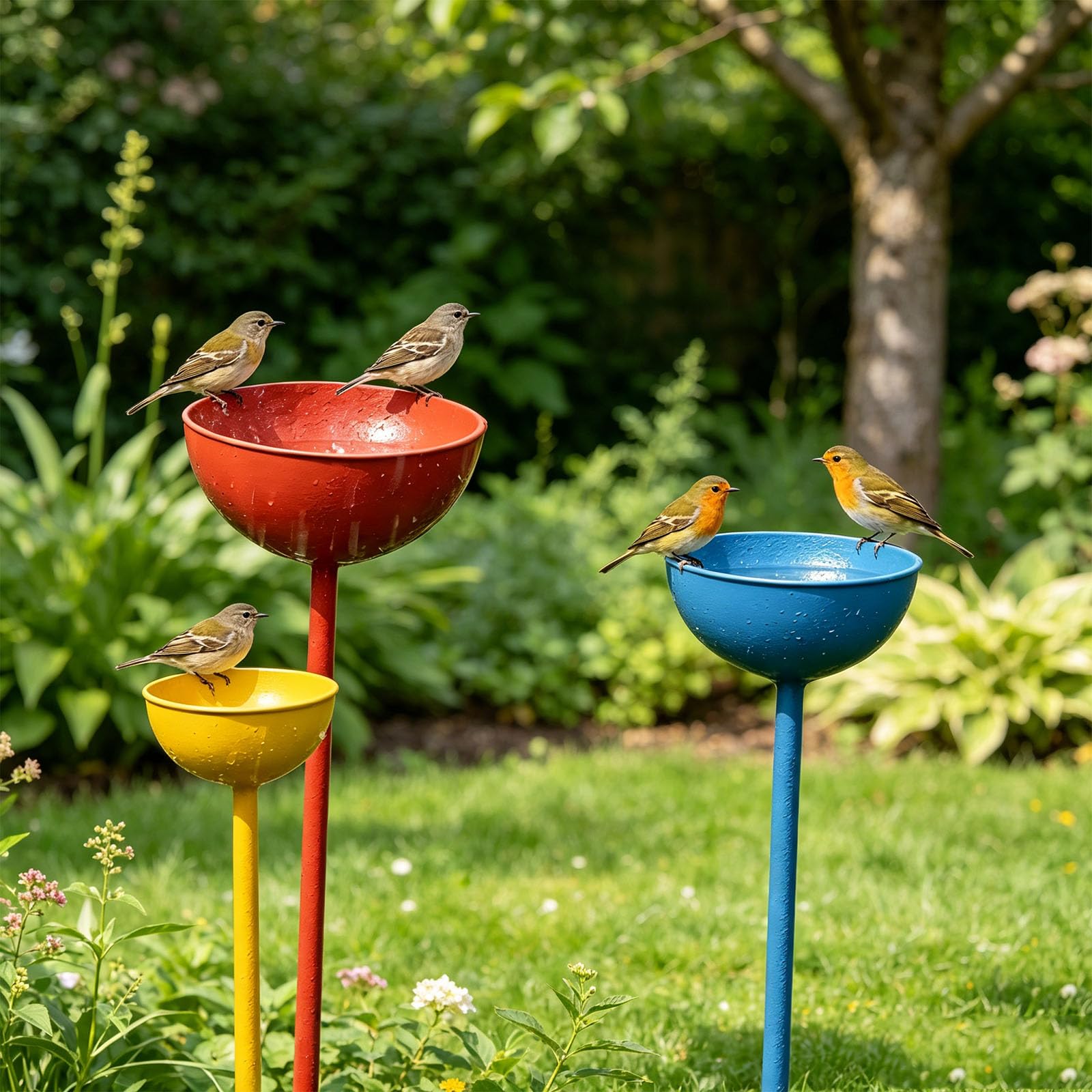 Ciotole per l ' Acqua da Giardino, 3 paletti in Metallo per Bagno degli Uccelli da Giardino per Prati, aiuole Fiorite, Bordi del Giardino, Angoli Esterni e Accenti Floreali