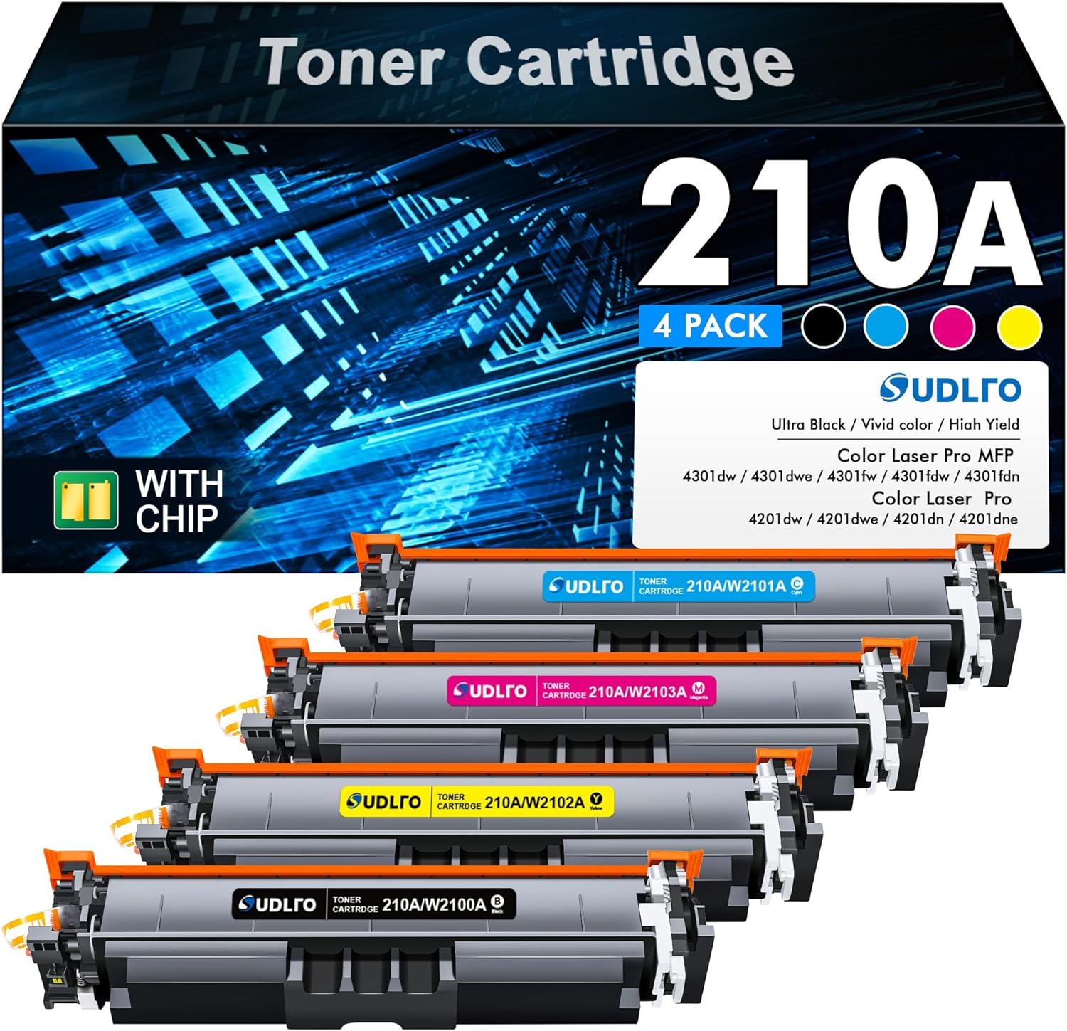 Compatible HP 210A Toner Cartridges 4 Pack 4301fdw 4301 210a Toner Work for HP 210A 210X Color LaserJet Pro 4301Fdw Toner Cartridges 4201dn 4301fdn 4201dw Printer, for HP 210A hp210a W2100A with Chip