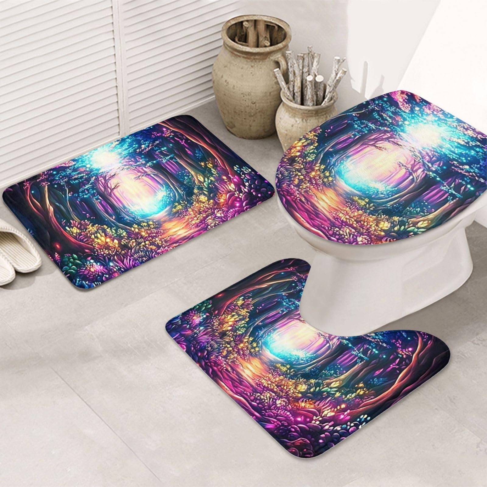 Alfombrilla de baño psicodélica y funda de inodoro para renovar tu aseo con diseño de plantas
