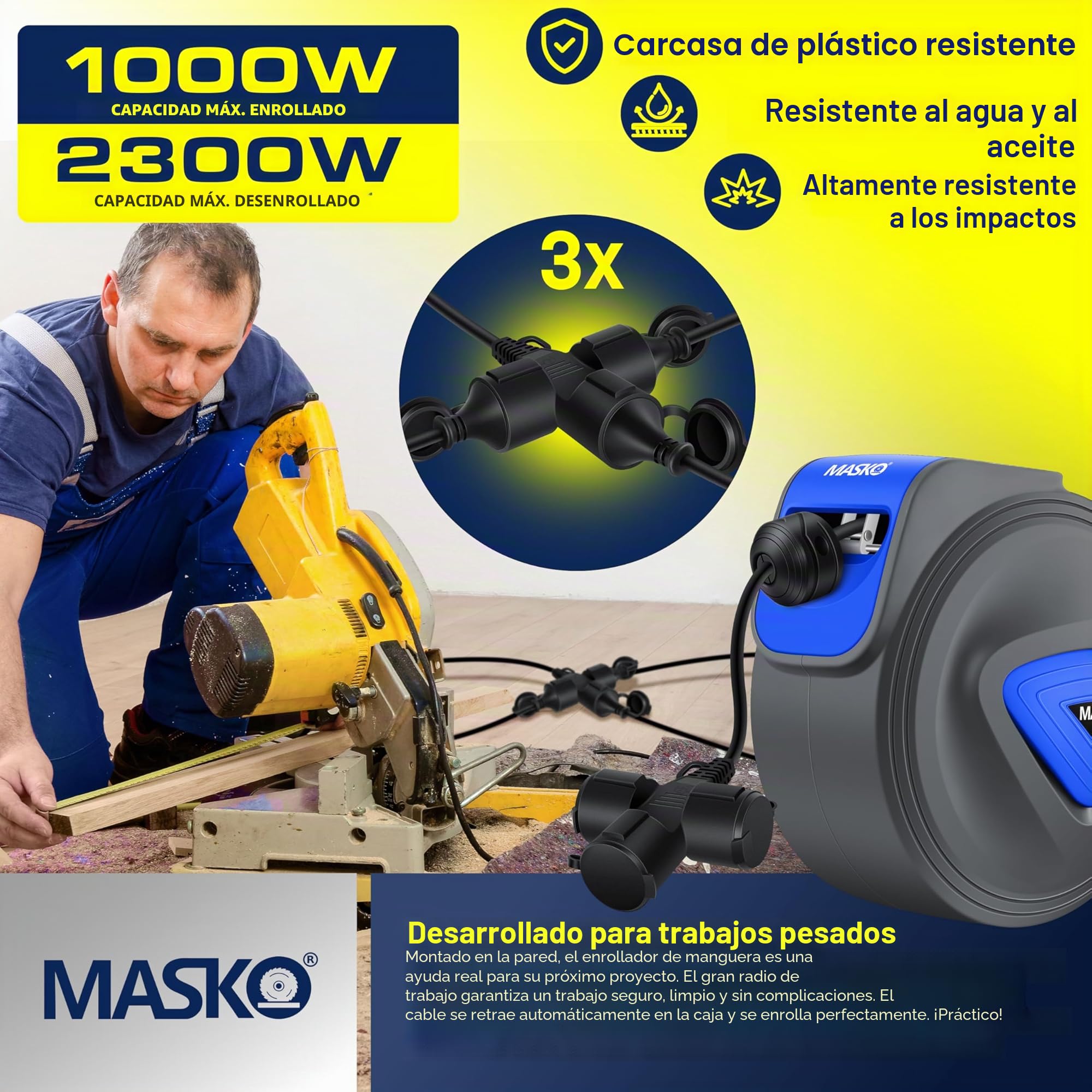 MASKO® Cable alargador automático de 20 m con conexión de 3 vías, giratorio 180°, cable de alimentación de 1,5 m, soporte de pared, enrollador de cables, enrollador de cables, incluye guantes