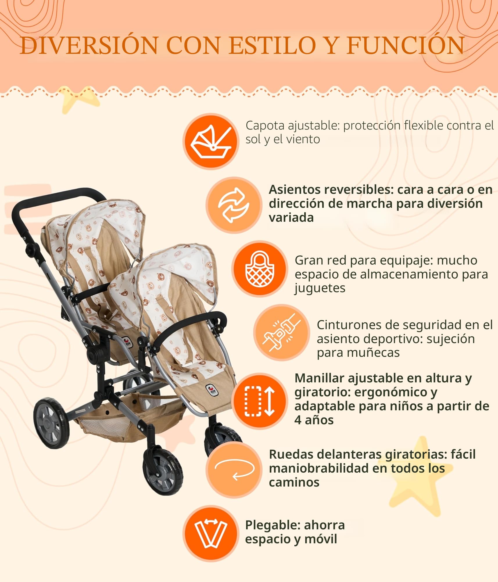 Bayer Chic 2000 Cochecito Muñecas Linus Duo | Carricoche Gemelar de Juguete | Silla gemelar de juguete con manillar ajustable (50-82 cm). Un cochecito de muñecas doble, robusto, estable y plegable.