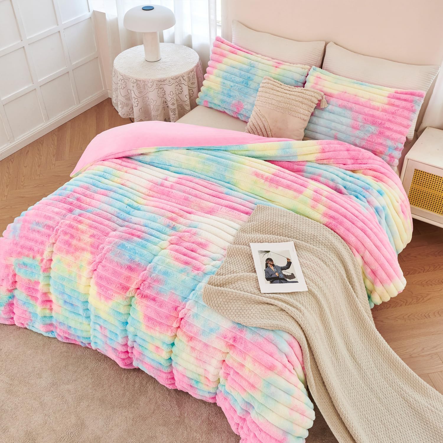 ANGIYUIN 3 Pieces Fluffy Twin Duvet Cover Sets for Girls Faxu Fur Plush Shaggy Kids Bedding Cover Set Tie Dye Pink Fuzzy Comforter Cover Set(Pink Rainbow Tiwn)