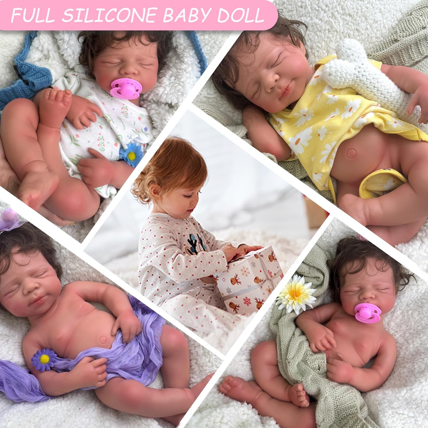 Open Mouth Reborn Baby Dolls with Rooted Hair Realistic 19 inch Full Body Silicone Baby Doll Boy Sleeping Newborn Doll Anatomically Correct