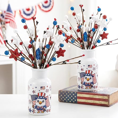 Watayo 2 Set Patriotic Artificial Flower Stems with Glass Vase, 4th of July Artificial Berry Stem Picks, Faux Red White Blue Branches Table Centerpiece for Independence Memorial Day Home Decor