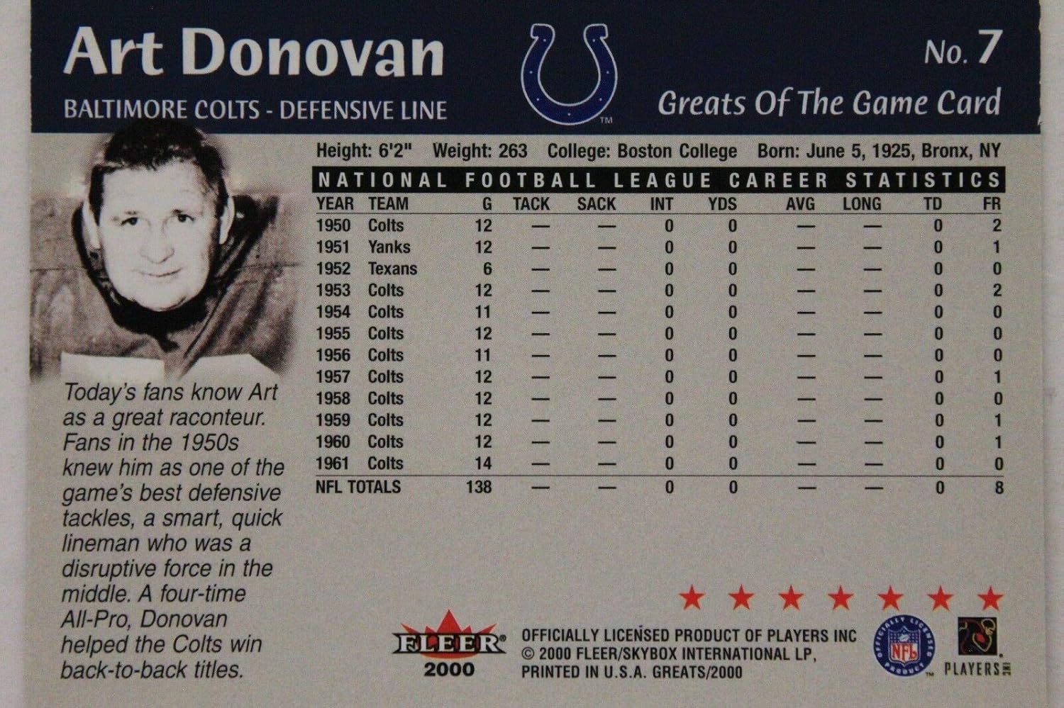 Art Donovan Autographed 2000 HOF Fleer Football Greats #7 Signed Card 17G