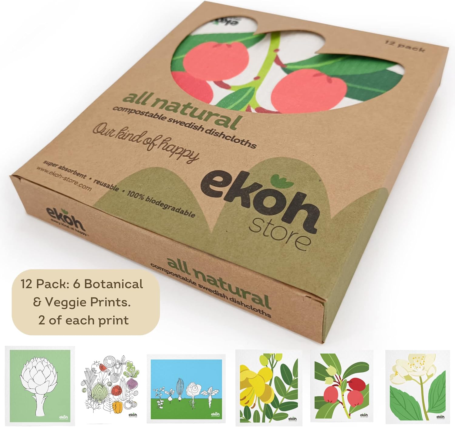 EKOH Swedish Dishcloths for the Kitchen - 12 Pack Cleaning Cloths for the Home - 100% Biodegradable Dish Cloths a Paper Towel and Plastic Sponge Alternative (Scandi Botanical, Scandinavian)