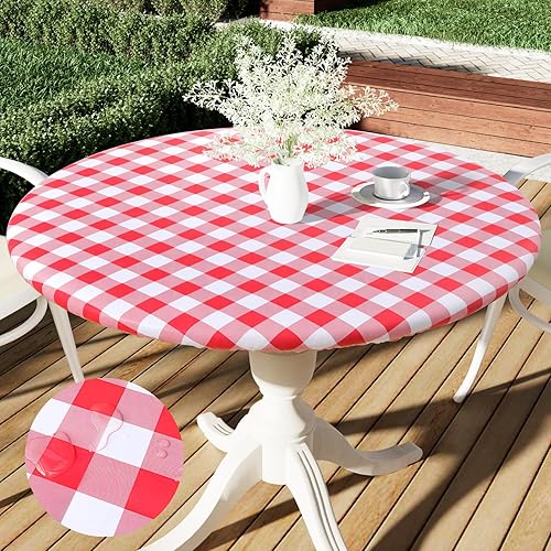 Smiry Mantel redondo de picnic, mantel de vinilo elástico impermeable para mesas de 45 a 56 pulgadas, a cuadros escoceses con respaldo de franela,