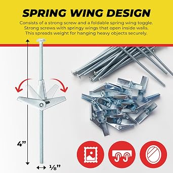 QUALIHOME Spring Toggle Bolt Anchors - Heavy Duty Wall Anchors for Hanging Items w/Hollow Walls & More - Stainless Steel Hollow Wall Anchor for Frames, Shelves, Mirrors & More, 20 Pack (1/8 x 4)